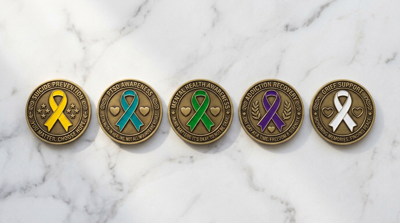Collection of five custom mental health awareness challenge coins with colored ribbons for different causes