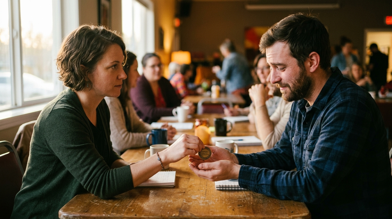 Peer support group member handing a custom challenge coin to another person in a warm indoor setting